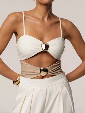 JLUXLABEL Aura Embellished Bodysuit in  Neutral Cream Gold Large